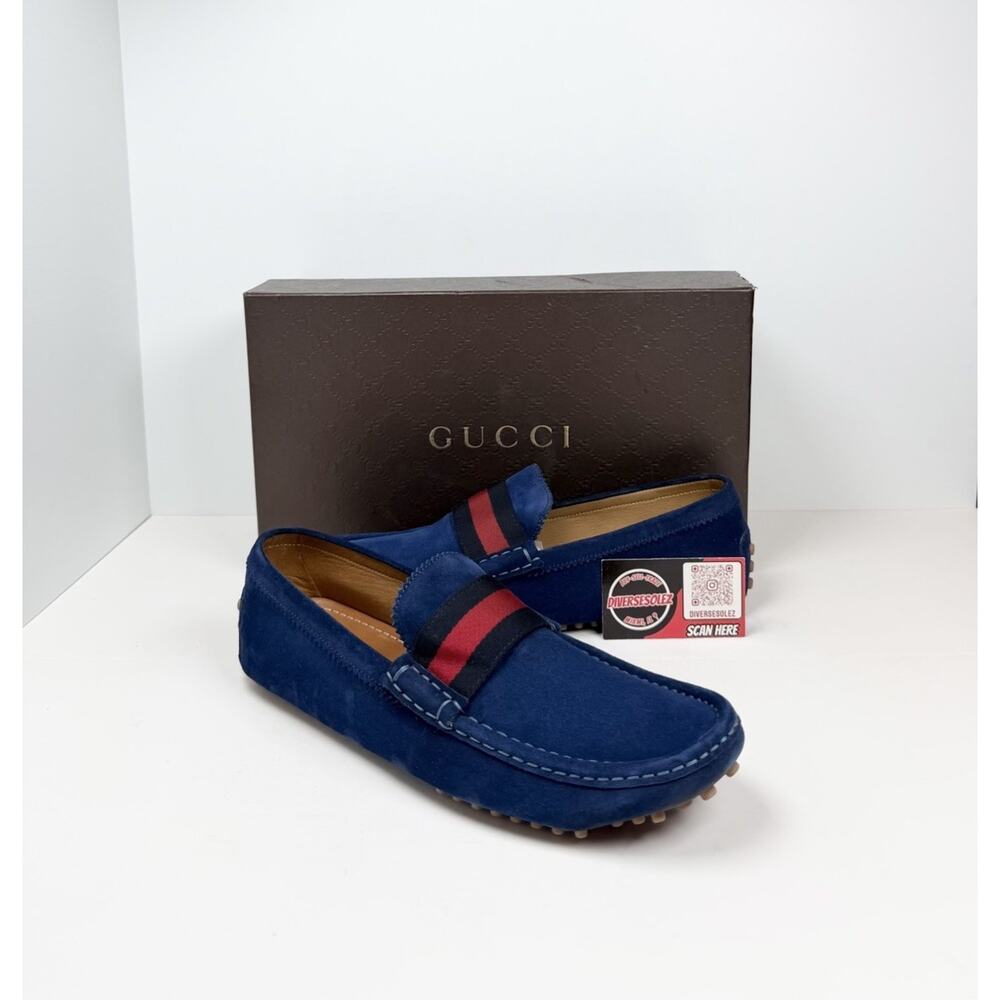 Size 9.5G/10US - Gucci Signature Web Blue Suede Loafers💙 - Picture 1 of 8